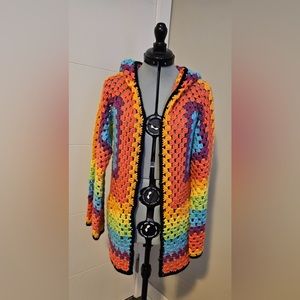 Rare UNIF Meda rainbow crochet hooded cardigan sweater size xs